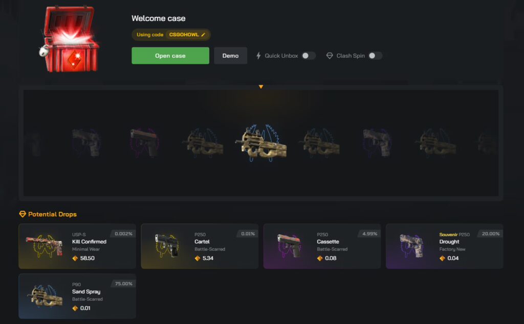Possible rewards when opening the free cases on Clash.gg